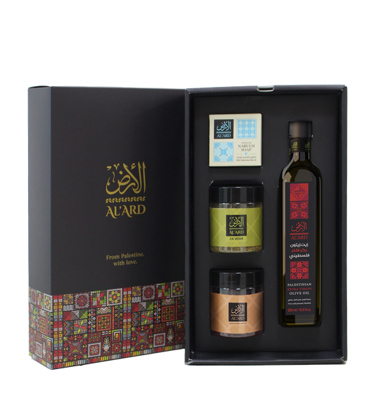 Al'Ard  Premium Gift - Extra Virgin Olive Oil - 500ml + Nabulsi Olive Oil Soap bar 125g + Premium Za'atar Blend 150g + Dukkah Blend 150g